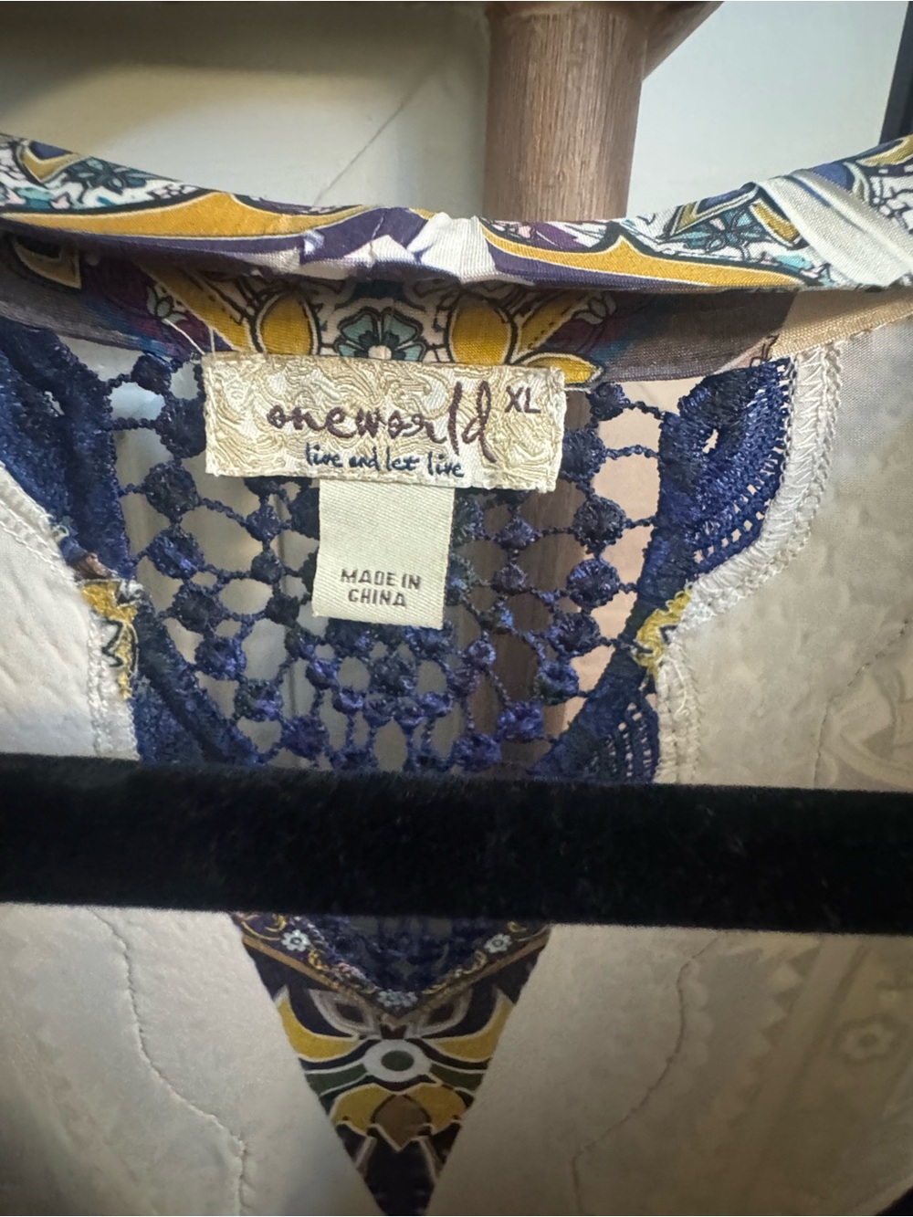 ONE WORLD Navy and Gold Paisley Crochet-Accent Maxi Dress - Picture 4 of 8